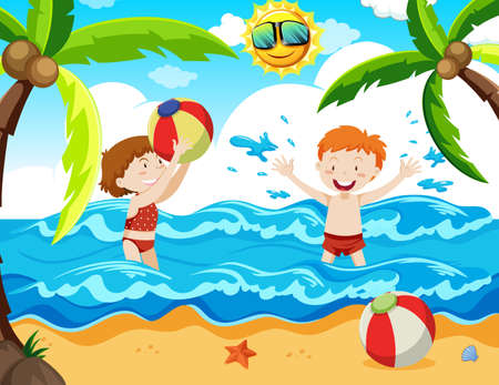Boy and Girl at the Beach illustrationのイラスト素材