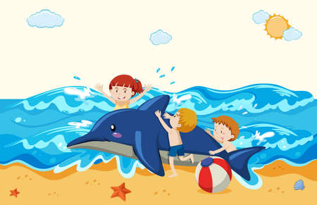 Kids and inflatable dolphin at the beach illustrationのイラスト素材