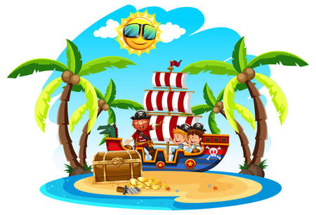 A Pirate with Kids on Island illustrationのイラスト素材