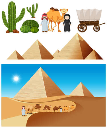 A Desert Caravan Element and Landscape illustrationのイラスト素材