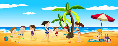 Scene of people having fun at the beach illustrationのイラスト素材