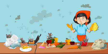 Dirty kitchen scene with cleaner illustrationのイラスト素材
