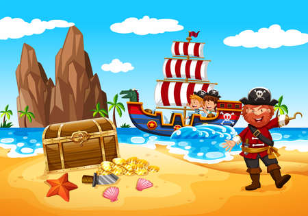 Happy Pirate and Kids  illustrationのイラスト素材