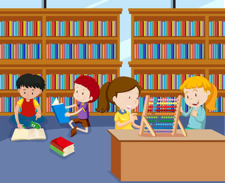 Childrens Doing Activities in Library illustrationのイラスト素材