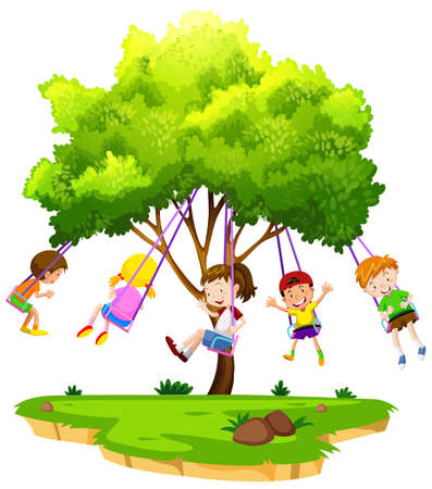 Children Sitting on Tree Swing illustrationのイラスト素材