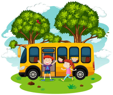 A School Bus and Students illustrationのイラスト素材