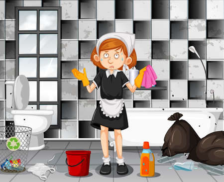 A Tired Maid Cleaning Bathroom illustrationのイラスト素材