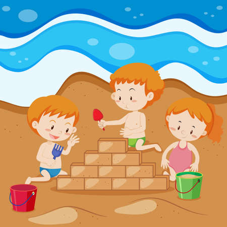 Young Children Building Sand Brick illustrationのイラスト素材