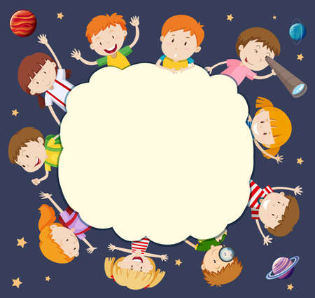 Blank frame with children around in space illustrationのイラスト素材