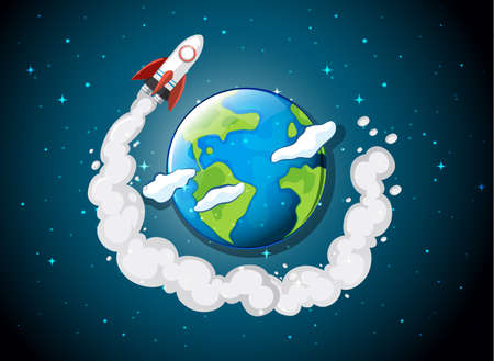 rocket ship flying around earth illustrationのイラスト素材