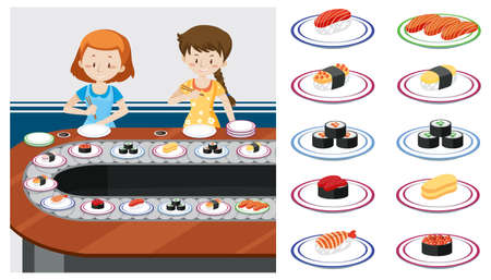 Two ladys at a Sushi train illustrationのイラスト素材