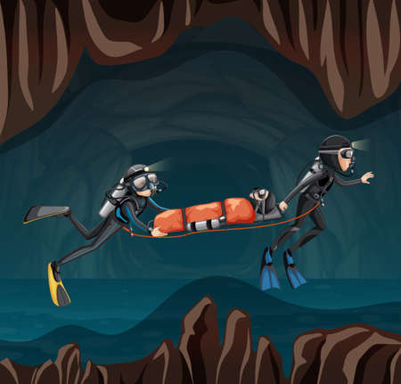 Rescue scene in underground cave. Vector illustrationのイラスト素材