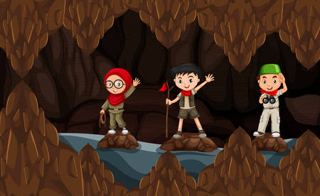 Scout exploring dark cave illustrationのイラスト素材