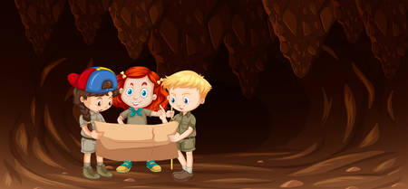 Children looking at map in cave illustrationのイラスト素材