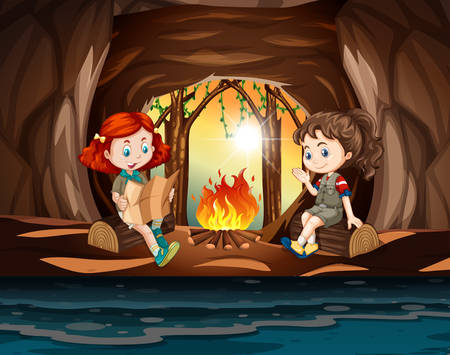 Girls camping in the cave illustrationのイラスト素材