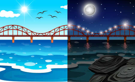 Day and night ocean landscape illustrationのイラスト素材