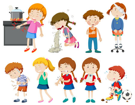 Set of sick and injured children illustrationのイラスト素材