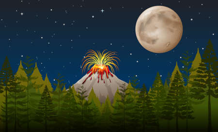 Volcano eruption at night illustrationのイラスト素材
