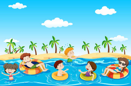 Group of children playing and relaxing at the beach illustrationのイラスト素材