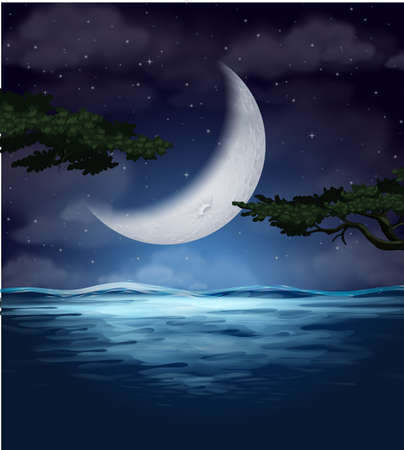 A crescent moon reflection on water illustrationのイラスト素材