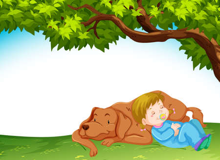 A baby and dog in nature illustrationのイラスト素材