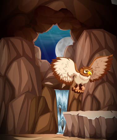 Owl hunting at night in cave illustrationのイラスト素材