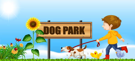 Boy walking his dog at dog park illustrationのイラスト素材