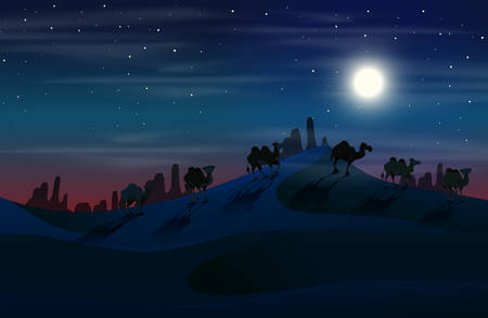 Camel in desert at night illustrationのイラスト素材