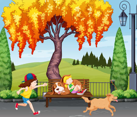 Children playing with dogs illustrationのイラスト素材