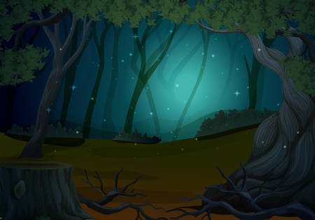 Scene with fireflies in forest at night illustrationのイラスト素材