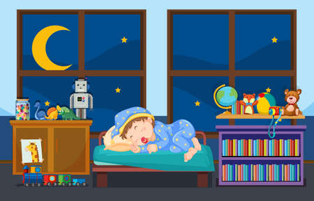 Young child sleeping in bedroom illustrationのイラスト素材