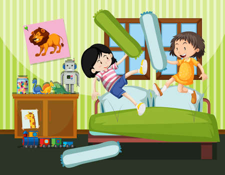 two girls having a pillow fight illustrationのイラスト素材