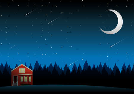 A rural house landscape at night illustrationのイラスト素材