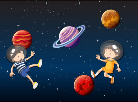 children floating in space illustration