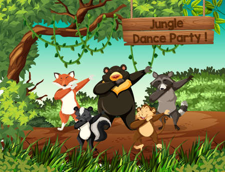 Wild animals jungle dance party illustrationのイラスト素材