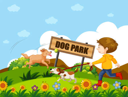A boy walking dog illustrationのイラスト素材