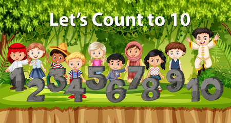 Multicultural children and number in jungle background illustrationのイラスト素材