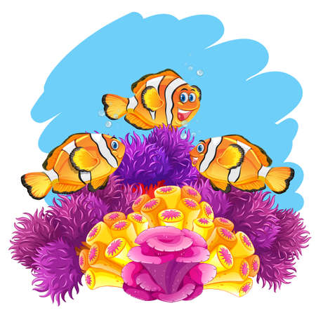 Crown fish playing in coral reef illustrationのイラスト素材