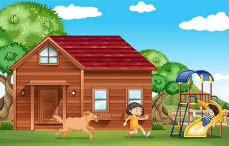Children playing outside with dog illustrationのイラスト素材