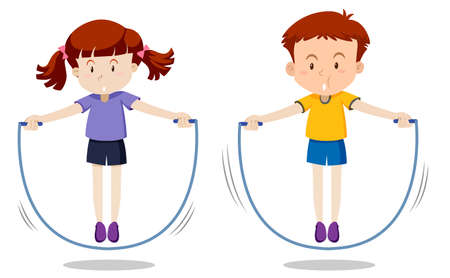 Boy and girl skipping illustrationのイラスト素材