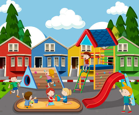 Children in colorful playground illustrationのイラスト素材
