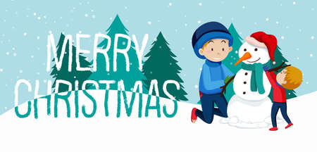 Father and son building snowman illustrationのイラスト素材