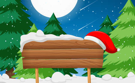 Wooden sign with santa hat scene illustrationのイラスト素材