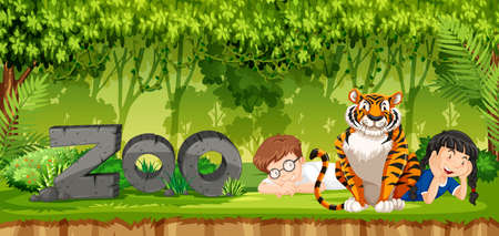 Children with tiger scene illustrationのイラスト素材