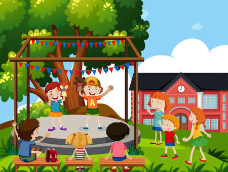 Children perform puppet show at school illustrationのイラスト素材