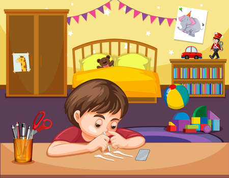 A boy snorting cocaine in bedroom illustrationのイラスト素材