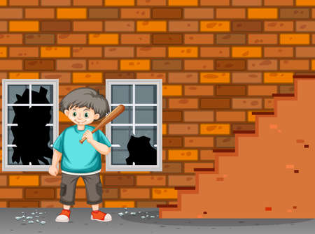 A trouble boy break the window illustrationのイラスト素材