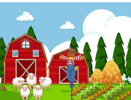 Farm scene with sheep illustrationのイラスト素材