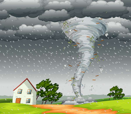 Destructive tornado landscape scene illustrationのイラスト素材