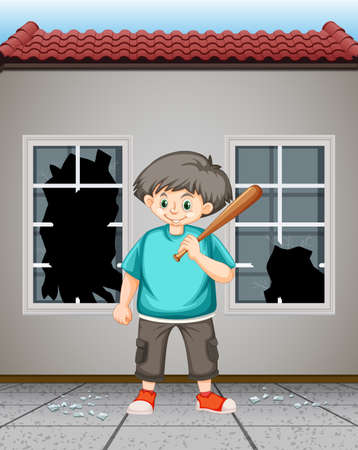Bad kid hit the window glass illustrationのイラスト素材